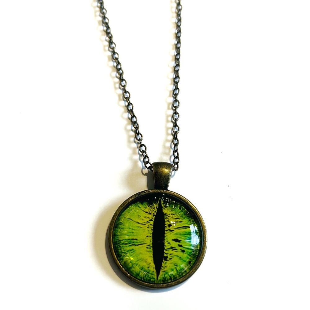 Green Cat Eye Dark Gold Tone Long Chain Clasp Black Pupil Protector from Evil